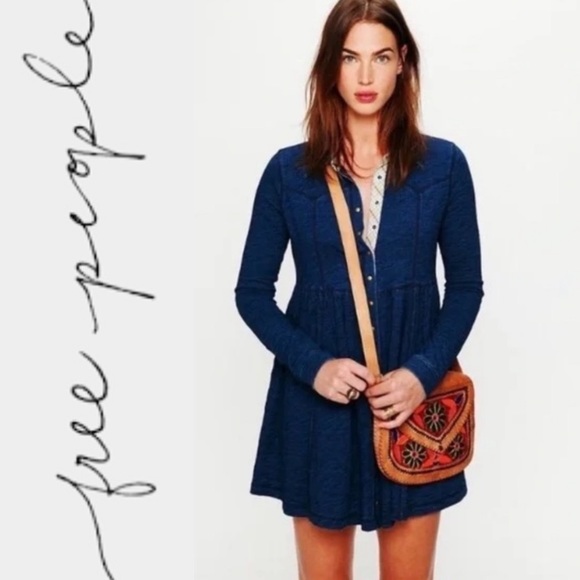 Free People Stretch Denim Knit Button Down Shirt Dress - Picture 2 of 10